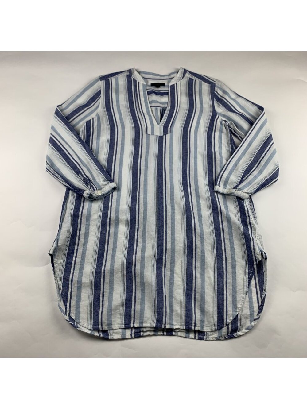 J.Crew Blue Striped Linen Blend Split Neck Tunic Shirt Dress S